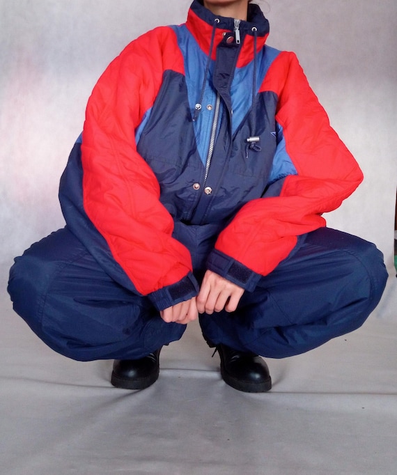 Vintage Men Ski Suit, Color Block Snow Suit, Snowb