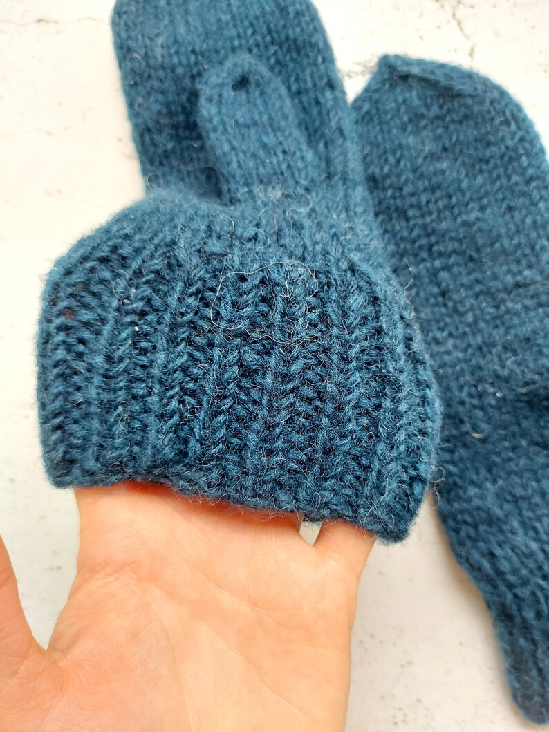 Handmade Adult Wool Dark Blue Knitted Mittens Medium Size