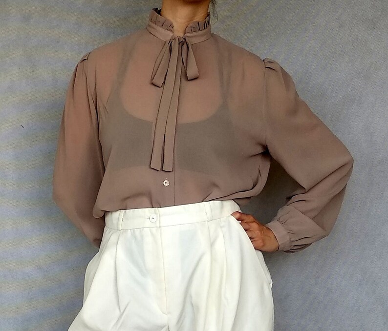 High Neck Blouse Long Sleeve Shirt Preppy Blouse Pussy Bow Blouse High Collar Shirt Brown Ascot Blouse 80 Bow Tie Blouse Khaki Blouse