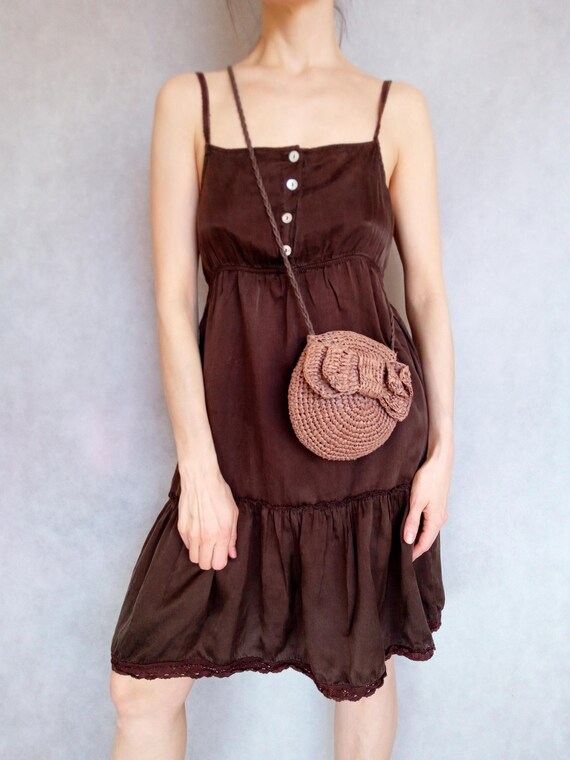 Vintage Silk Slip Mini Dress, Italian Brown Silk D