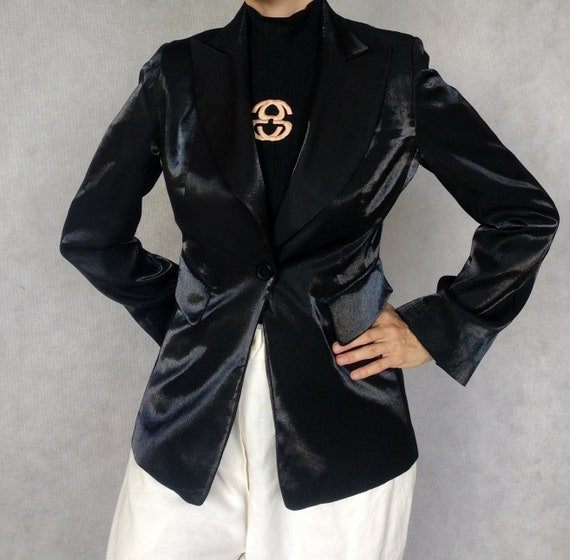 Vintage Iridescent Jacket, Black Blazer, Long Slee
