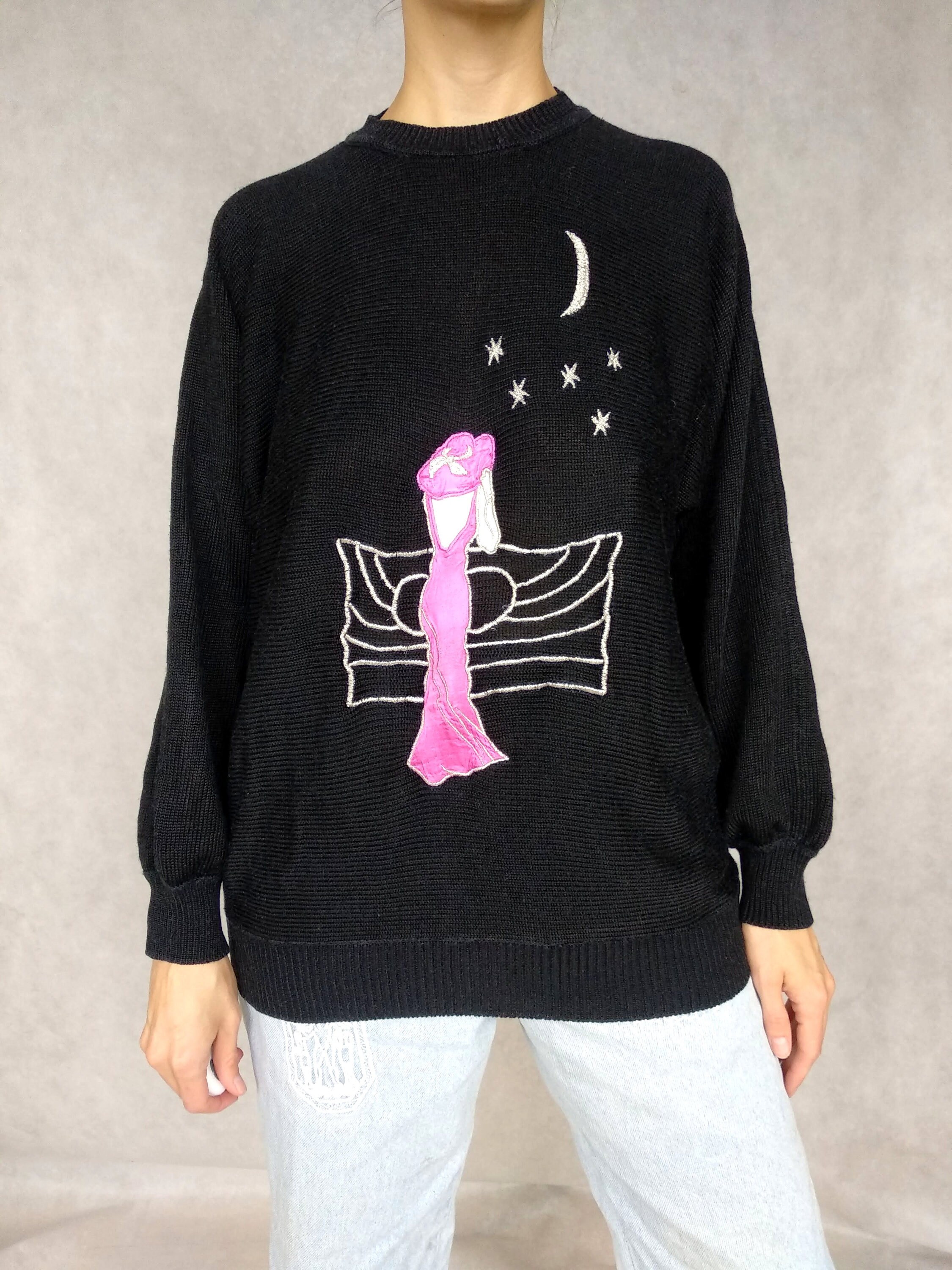 Vintage Funny Pullover Black Knitted Sweater Retro Knit Etsy