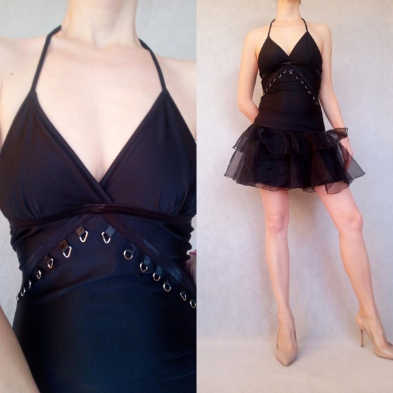 Vintage Black Mini Steampunk Dress, Gothic Mini Ro