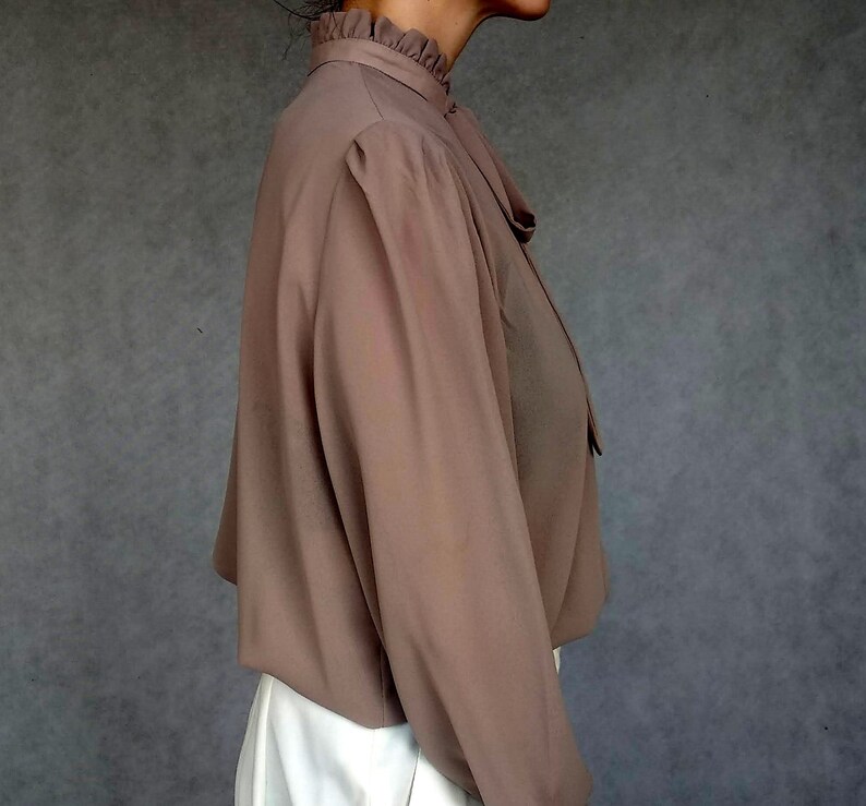 High Neck Blouse Long Sleeve Shirt Preppy Blouse Pussy Bow Blouse High Collar Shirt Brown Ascot Blouse 80 Bow Tie Blouse Khaki Blouse