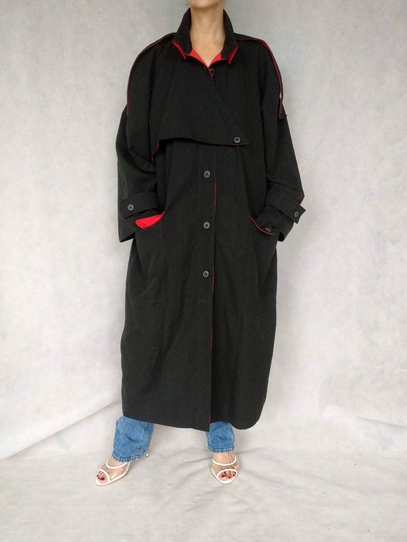 Vintage Black and Red Trench Coat, Pabia Coat, Med