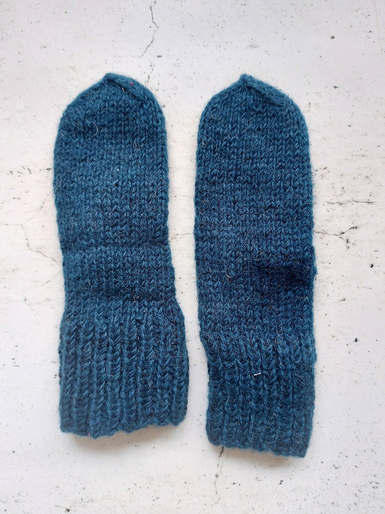 Handmade Adult Wool Dark Blue Knitted Mittens Medium Size