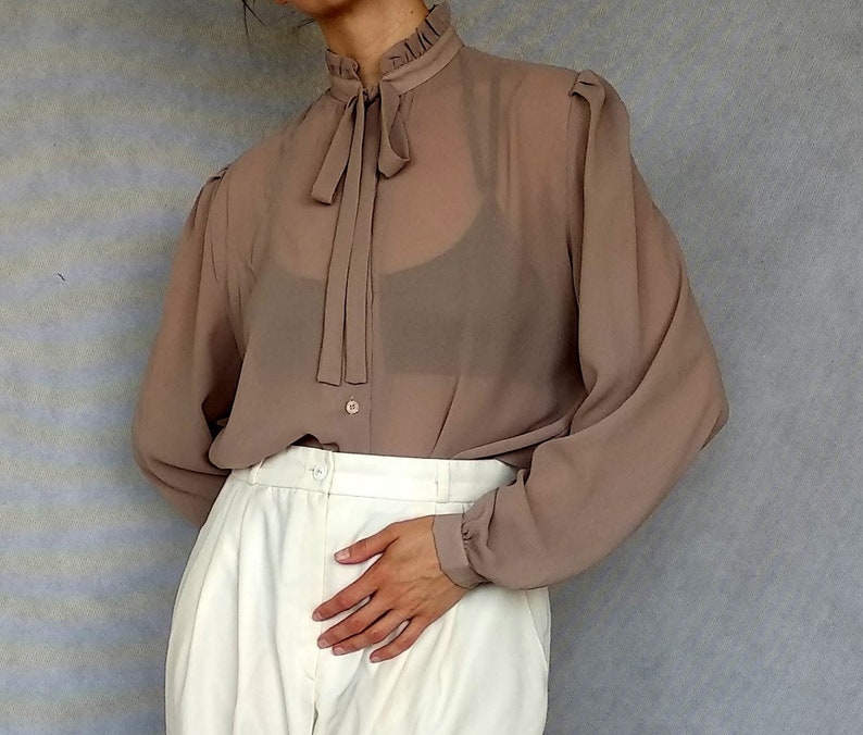 High Neck Blouse Long Sleeve Shirt Preppy Blouse Pussy Bow Blouse High Collar Shirt Brown Ascot Blouse 80 Bow Tie Blouse Khaki Blouse