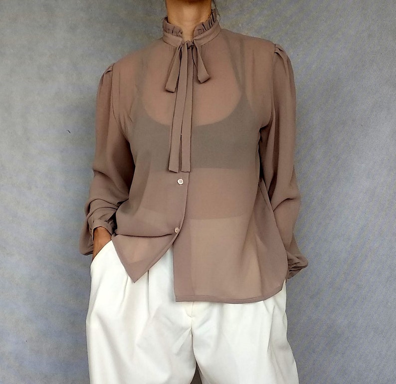 High Neck Blouse Long Sleeve Shirt Preppy Blouse Pussy Bow Blouse High Collar Shirt Brown Ascot Blouse 80 Bow Tie Blouse Khaki Blouse