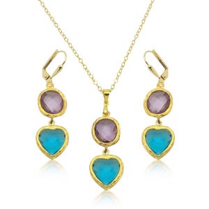 Purple amethyst earrings, Aqua gem earrings, Purple crystal earrings, Crystal statement earrings, Bridal crystal earrings, Heart earrings