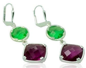 Février Amethyst Birthstone et Lime Green Gem Boucles d’oreilles en argent, boucles d’oreilles Purple Green Drop, boucles d’oreilles géométriques en argent, cadeau pour petite amie