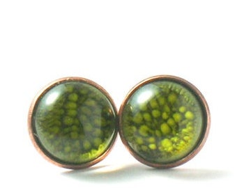 Green resin antique copper earrings, Olive green stud earrings, Round post earrings, Science planet earrings, Green resin cabochon earrings