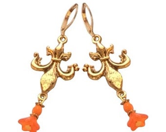 Boucles d’oreilles Fleur De Lys orange, Antique boucles d’oreilles fleur de lys or, verre fleur boucles d’oreilles, boucles d’oreilles or rustique, Vintage boucles d’oreilles or