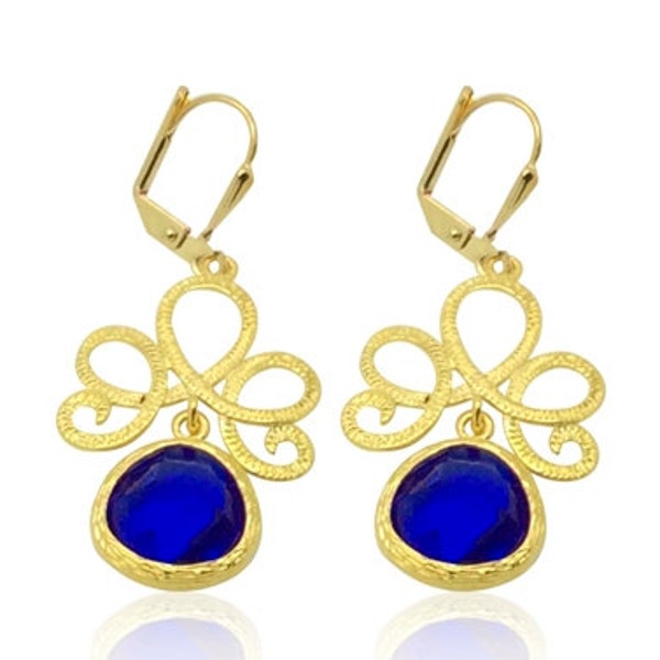 Vivid blue stone gold chandelier earrings, Royal blue bridal wedding drop earrings, Blue gold statement earrings, Blue bridesmaids earrings