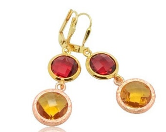 Garnet January birthstone earrings, January birthstone Jewelry, Red and Yellow stone drop earrings,November Yellow Topaz birthstone earrings