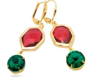 Boucles d’oreilles de Noël en cristal rouge et vert, bijoux rouges et verts festifs, cadeau pour petite amie, boucles d’oreilles rouges et dorées de rubis vert sarcelle