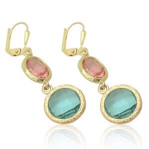 Pink and Blue Crystal Gold Earrings, Aquamarine Gold Jewellery, Aqua Pink Silver Earrings Necklace Set, Gold Aquamarine Bridal Jewelry Set