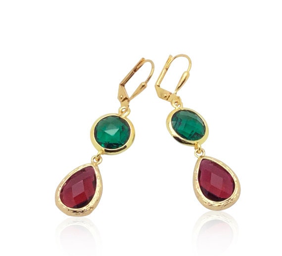 Emerald Drop Earrings Emerald Crystal Earrings Christmas Earrings Green Red Earrings Christmas Gift For Her Emerald Red Ruby Earrings