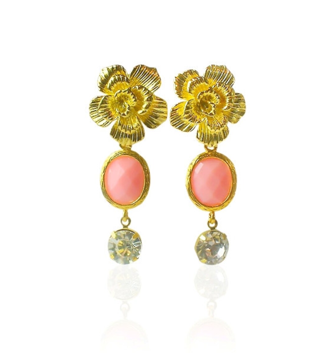 Coral Pink Stone Gold Earrings, Wedding Dangle Earrings, Gold Flower