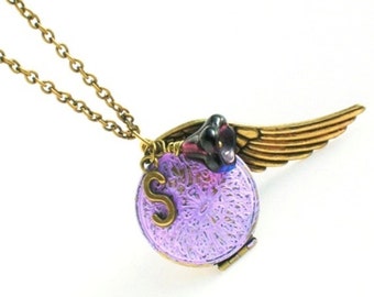 Personalised Locket Necklace,Long Initial Locket for Women, Her Valentine's Day Gift, Purple Patina Initial Necklace,Big Angel Wing Necklace