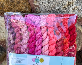DK, Reds Pinks, Hand Dyed Mini Skein Set, Hand Dyed Mini Skeins, dk weight yarn, Hand Dyed Mini Sock Yarn, mini skein set, mini skein, Minis