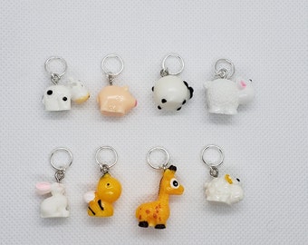 Stitch Markers, Snag Free Stitch Markers, Jump Ring Marker Set, Knitting Notions, resin charms, animals cow fish pig bumble bee octopus