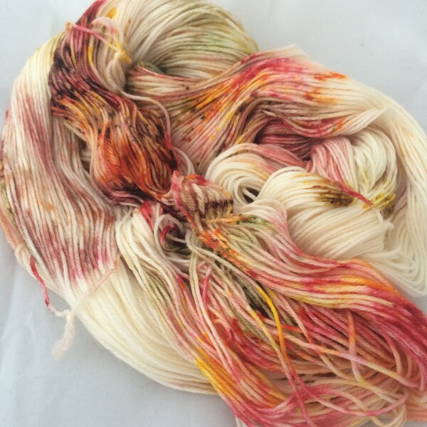 Hand dyed Yarn, Merino Cashmere Nylon, MCN base, Kettle dyed wool, Fingering weight sock yarn, red orange yellow, superwash merino luxury