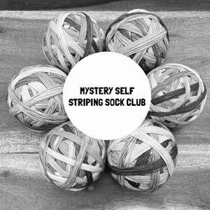 Peut inclure: Six pelotes de laine disposées en cercle autour d'un cercle blanc central contenant le texte noir MYSTERY SELF STRIPING SOCK CLUB. Chaque pelote de laine présente un motif varié dans des tons de gris clair, moyen et foncé.