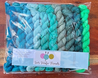 DK, Blue Aqua Teal Hand Dyed Mini Skein Set, Hand Dyed Mini Skeins, dk weight yarn, Hand Dyed Mini Sock Yarn, mini skein set, minis