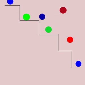 May include: A digital illustration of bouncing balls on a staircase. The balls are blue, green, and red. The staircase is black and white. The text "Bouncing Balls on Stairs" is at the bottom left of the image. The text "C.A. Coldiron 2021" is at the bottom right of the image.