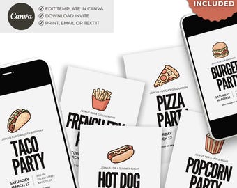 Snack Bar Invitation Bundle, Food Party Templates, BBQ, Kids Party Designs (Canva)