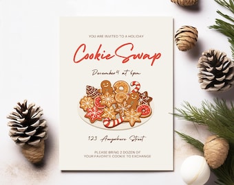 May include: A holiday-themed invitation with the text "Cookie Swap" in red script. The invitation includes the date, time, and address for the event, along with a request to bring two dozen cookies. A plate of decorated cookies is featured.