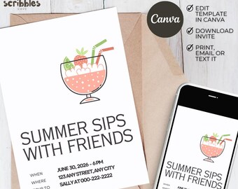 Summer Sips Cocktail Party Invitation, Girls Night, Friends Gathering (Canva Template)