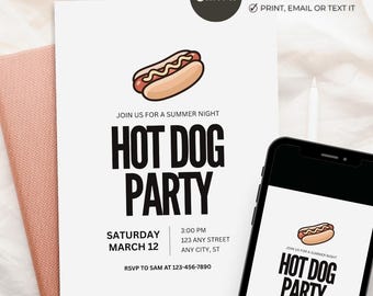 Hot Dog Party Invitation, BBQ Party Invite, Cookout Event Template, Editable Canva 5x7