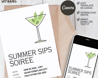 Summer Soiree Invitation, Cocktail Party Invite, Evening Party Template, Editable Canva 5x7