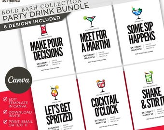 Party Drink Invitation Bundle, 6 Cocktail Party Templates, Bachelorette, Girls Night, Birthday Designs (Canva)