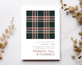 May include: A white invitation card with a plaid pattern in dark green, red, tan, and white. The text "FRIENDS, FALL & FLANNELS" is in a red, handwritten-style font. Additional text includes event details.