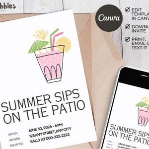 May include: A white invitation card with the text "SUMMER SIPS ON THE PATIO" and a graphic of a pink cocktail with a lemon slice and umbrella. The card also includes event details and a phone number. A smartphone displays the same invitation.