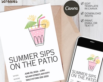 Summer Patio Party Invitation, Cocktail Drinks Invite, Editable Canva Template (5x7)