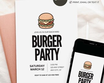 Burger Party Invitation, Backyard BBQ Invite, Cookout Party Template, Editable Canva 5x7