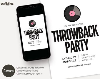 Throwback Party Invitation, Retro Party Invite, Vintage Theme Event Template, Editable Canva 5x7