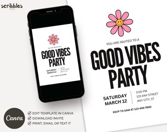 Good Vibes Party Invitation, Retro Floral Invite, Birthday Party Template, Editable Canva 5x7