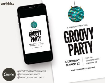 Groovy Party Invitation, Disco Party Invite, Retro Dance Celebration, Editable Canva 5x7