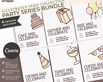 Party Invitation Bundle, 6 Celebration Designs, Birthday Invites, Wedding, Editable Canva Templates (5x7)