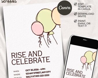 Rise and Celebrate Invitation, Balloon Party Invite, Birthday Celebration, Colorful Editable Canva 5x7