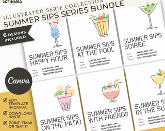 Summer Sips Cocktail Party Invitation Bundle, 6 Designs, Editable Canva Templates (5x7)