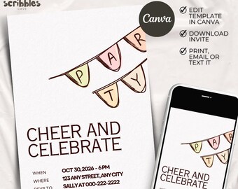 Cheer and Celebrate Invitation, Birthday Party Invite, Party Banner, Fun Celebration, Editable Canva 5x7