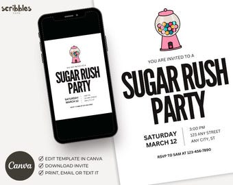Sugar Rush Party Invitation, Candy Theme Invite, Sweet Party Template, Editable Canva 5x7