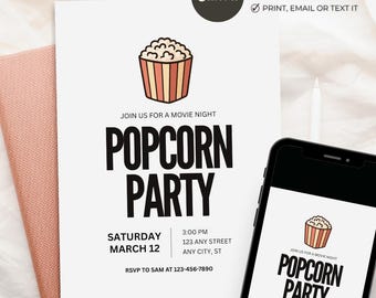 Popcorn Party Invitation, Movie Night Invite, Kids birthday Template, Film Party, Editable Canva 5x7
