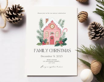 May include: A Christmas invitation card with a watercolor illustration of a pink gingerbread house, candy cane, and holly. The text reads "FAMILY CHRISTMAS" and "December 9, 2025". The card is surrounded by pine cones and greenery.