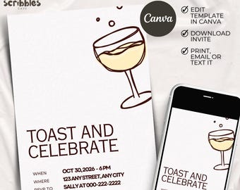 Toast and Celebrate Invitation, Cocktail Party Invite, Wedding Event, Celebration, Editable Canva 5x7